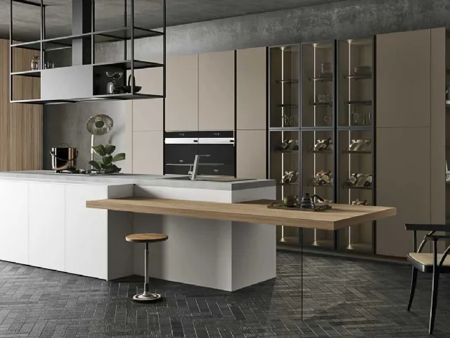 Cucina Moderna lineare in melaminico Bianco Artico e laccato opaco Camoscio con top in laminato Cemento Polvere D23 005 di Doimo Cucine