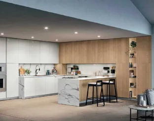 Cucina Moderna angolare con top in laminato HPL Statuario Liscio, che riproduce il marmo con una qualità invidiabile ed è molto resistente D23 007 di Doimo Cucine