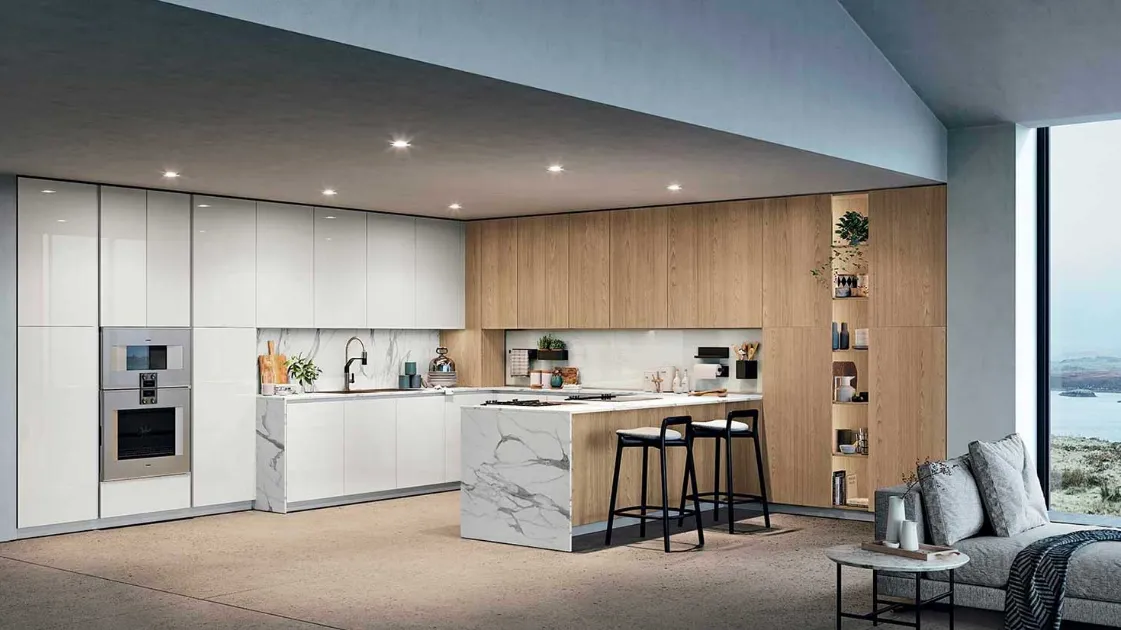 Cucina Moderna angolare con top in laminato HPL Statuario Liscio, che riproduce il marmo con una qualità invidiabile ed è molto resistente D23 007 di Doimo Cucine