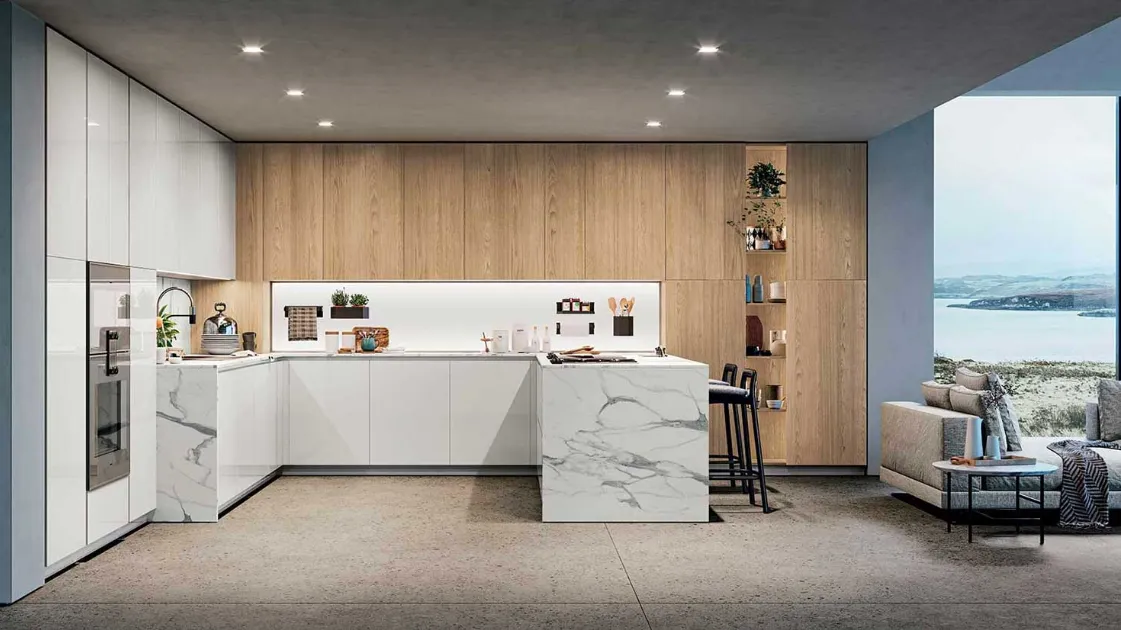 Cucina Moderna angolare in laccato lucido XGloss Bianco e rovere dogato Sesamo con top in HPL Statuario D23 007 di Doimo Cucine