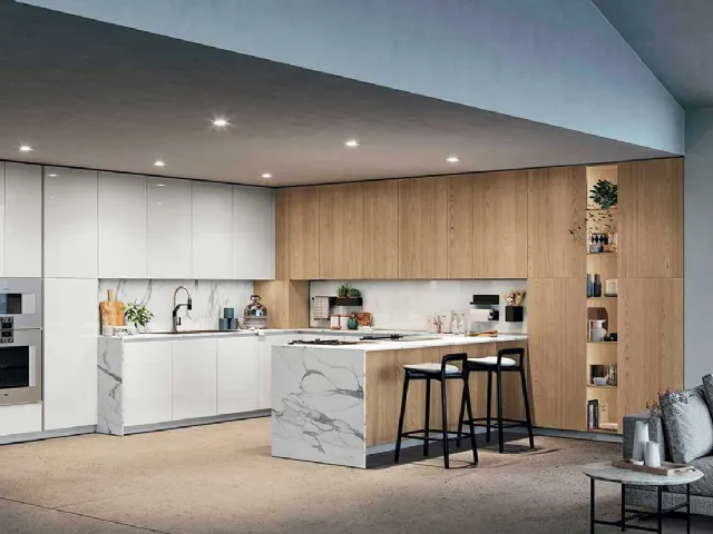 Cucina Moderna angolare con top in laminato HPL Statuario Liscio, che riproduce il marmo con una qualità invidiabile ed è molto resistente D23 007 di Doimo Cucine