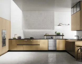 Cucina Moderna angolare in rovere Scalfito Naturale e laccato effetto ottone graffiato a mano D23 008 di Doimo Cucine