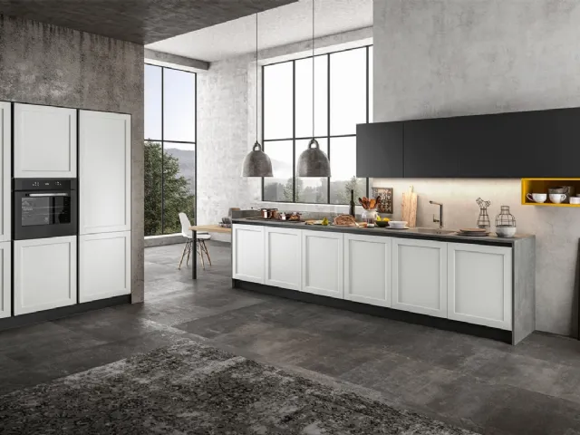 Cucina Moderna lineare in Pet opaco Bianco, pensili in laccato Nero e top in laminato Grigio Frame di Arredo3
