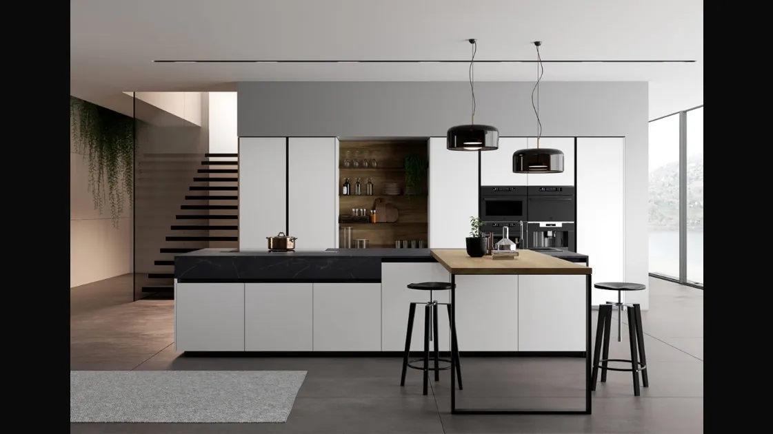 Cucina Moderna Glass 2 0 in vetro opaco bianco puro con penisola in laminato Noce Imperial di Arredo3