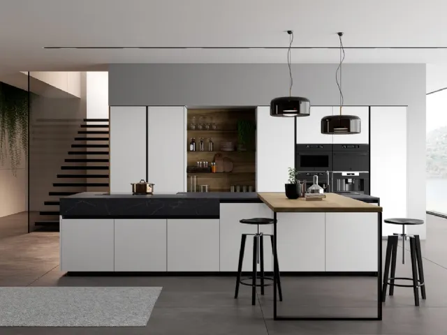 Cucina Moderna Glass 2 0 in vetro opaco bianco puro con penisola in laminato Noce Imperial di Arredo3
