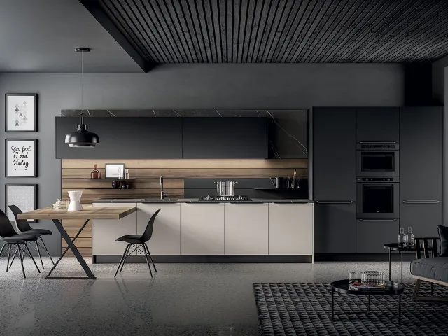 Cucina Moderna Kalì in laccato Fango e Nero opaco e laminato Noce America di Arredo3