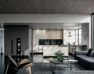 Cucina Moderna Round angolare con penisola in laminato Seta Bianco e Roccia con top in Quarzo di Arredo3