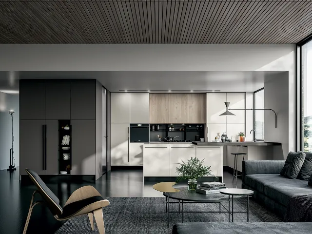 Cucina Moderna Round angolare con penisola in laminato Seta Bianco e Roccia con top in Quarzo di Arredo3