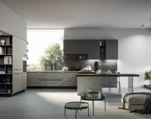 Cucina Moderna angolare in Pet opaco resina polvere, pensili in polimerico opaco lavagna e top in pietra grey con penisola Tekna di Arredo3