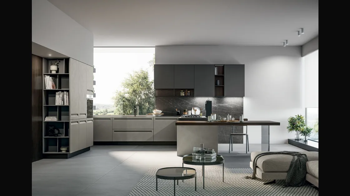 Cucina Moderna angolare in Pet opaco resina polvere, pensili in polimerico opaco lavagna e top in pietra grey con penisola Tekna di Arredo3
