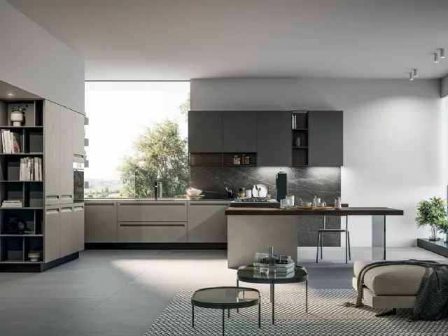 Cucina Moderna angolare in Pet opaco resina polvere, pensili in polimerico opaco lavagna e top in pietra grey con penisola Tekna di Arredo3