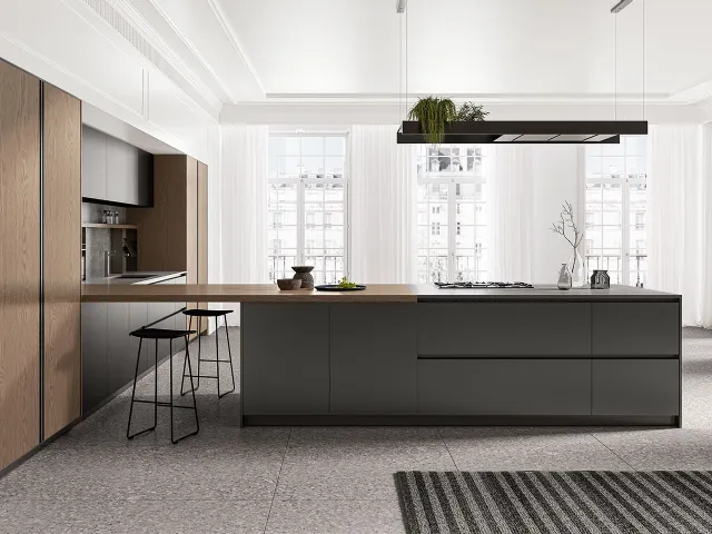 Cucina Moderna angolare in laccato metallizzato ossidato con penisola e colonne in laminato Rovere Safari Time di Arredo3