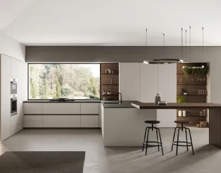 Cucina Moderna angolare laccato opaco Nebbia con penisola in Eucalipto Noce Time di Arredo3