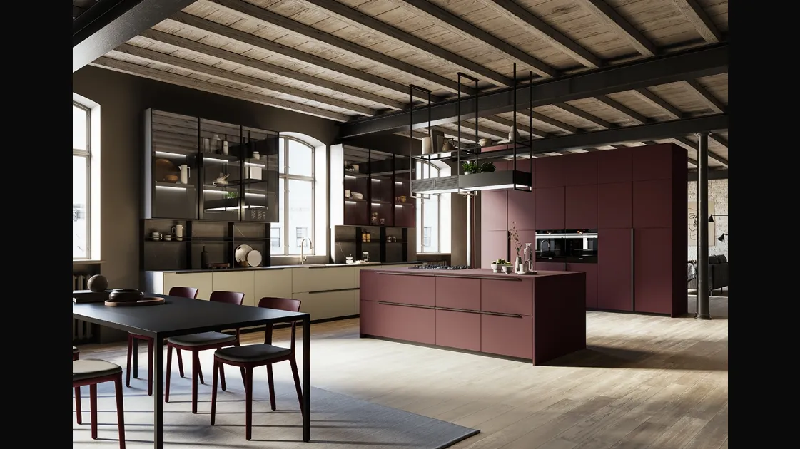 Cucina Moderna con isola Tratto 10 in Pet riciclato e piano in laminato speciale Fenix rosso Jaipur di Arredo3