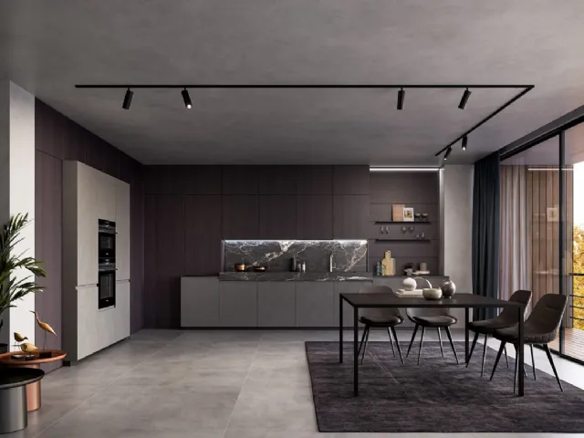 Cucina Moderna lineare in laminato Resina Cromo e impiallacciato Coke con top in ceramica effetto Marmo Nero rigato Wega di Arredo3
